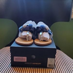REBECCA MINKOFF Sliver Matallic Pom Pom Sandals